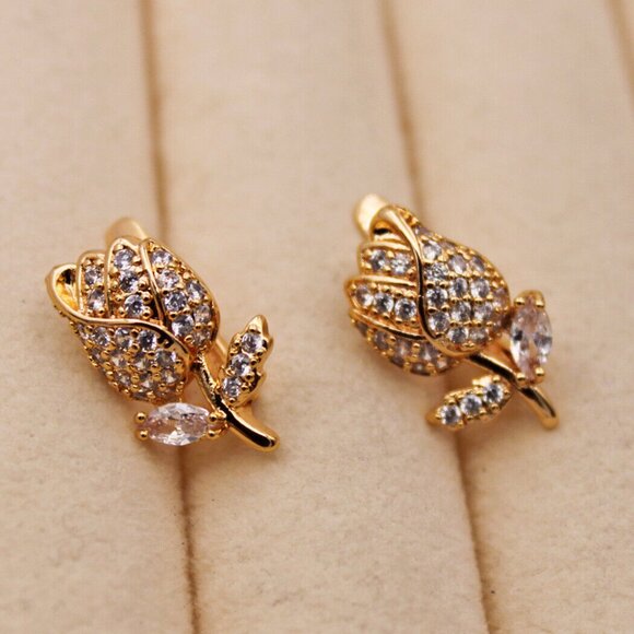 18K Yellow Gold Filled Carved Rose Flower Leaf Diamond Zircon Earrings Gorgeous - Picture 4 of 5